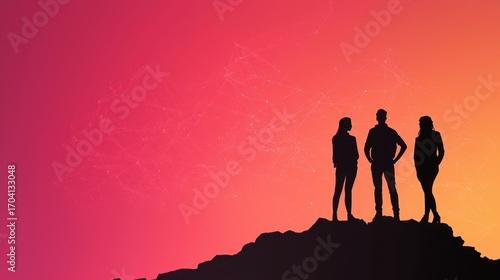 Silhouettes of three people stand on a mountain against a vibrant gradient sky, evoking a sense of adventure and exploration.