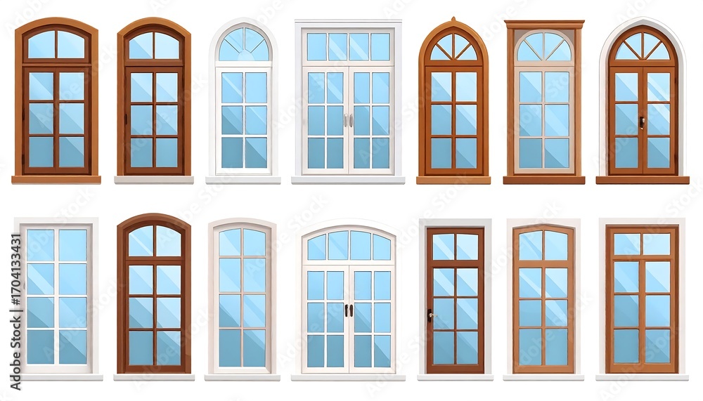 Naklejka premium Various architectural window and door styles displayed in a comprehensive collection.