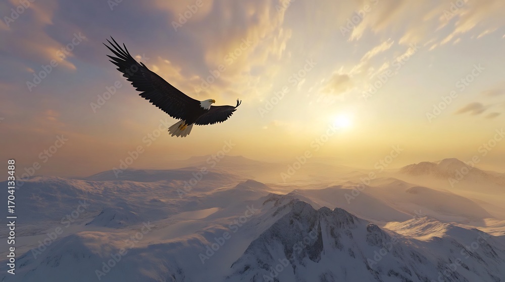 Fototapeta premium Majestic bald eagle soaring high above a snow covered mountain range with its wings spread wide catching the warm glow of the setting sun as it surveys the vast landscape below