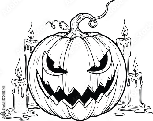 Spooky halloween pumpkin carving illustration surrounded by lit candles in black and white design