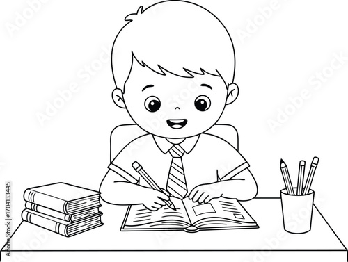 Smiling young boy concentrating on writing homework at a desk with books and pencils