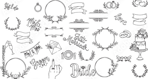 Wedding Elements and Frames Vector Set - Hand-Drawn Bridal and Engagement Clip Art