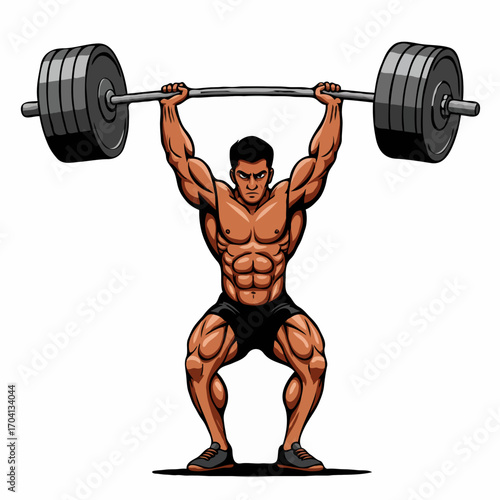 Muscular male athlete squatting slightly and vigorously lifting barbell over head on white background.