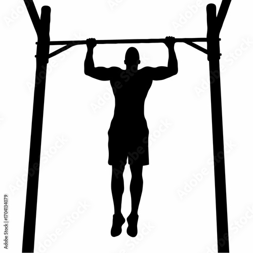 Strong Male Silhouette Actively Performing Pull-Ups on a Bar on White Background