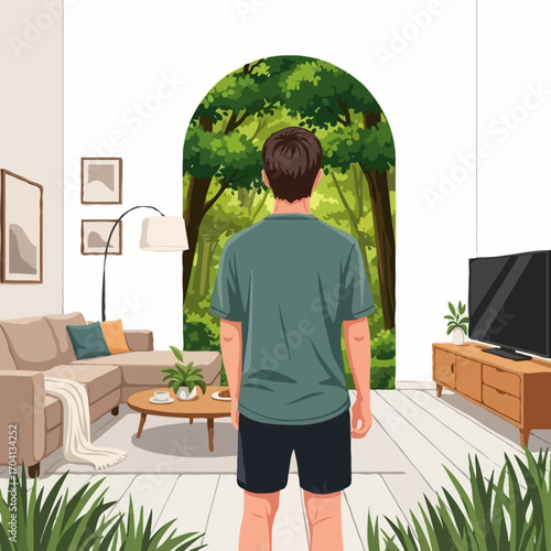 Man Standing Contemplatively Facing Forest Archway from Cozy Room.