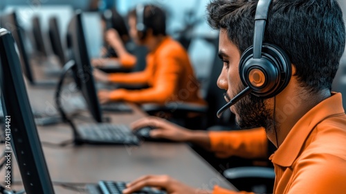 Call center agent working at computer