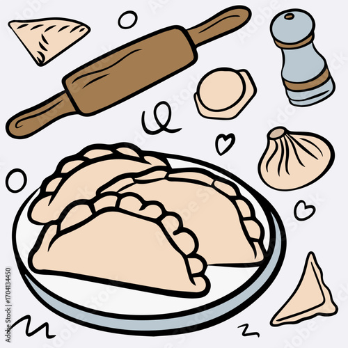 Dumplings doodle set, hand drawn illustration 