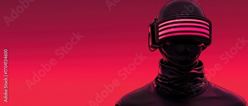 A futuristic figure wearing a VR headset, set against a vibrant red background, embodying technology and digital immersion.
