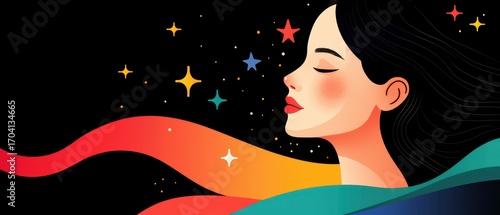 A serene illustration of a woman with flowing hair surrounded by colorful waves and stars, expressing tranquility and introspection.