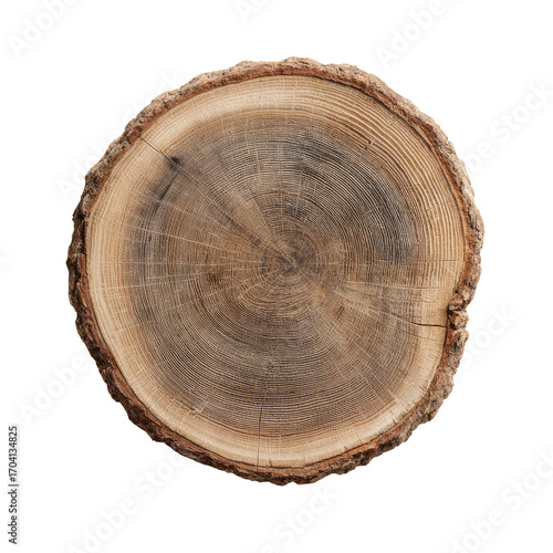 Close-up of a circular tree trunk slice.  Natural wood grain, rings, and texture are visible.  Circular, flat, and isolated on black background