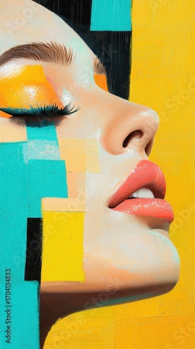 A vibrant portrait showcasing a woman's profile, featuring bold colors and geometric patterns, emphasizing beauty and artistic expression.