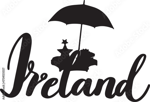Ireland with star and umbrella mini and calligraphy style by wave style bold elements in silhouette white background.