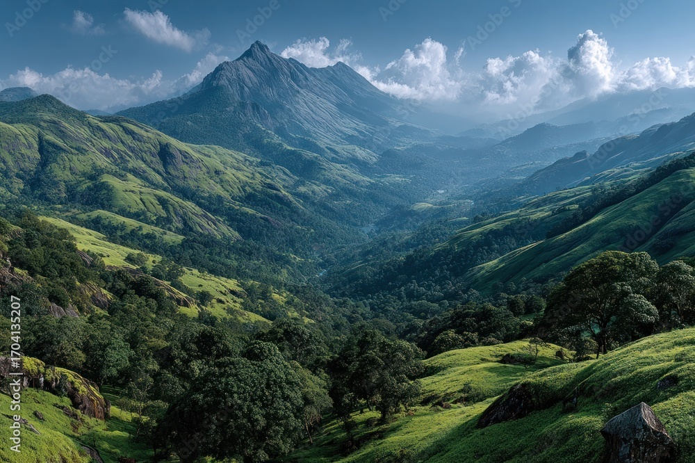 Naklejka premium Lush green mountains under blue sky, World Environment Day landscape concept