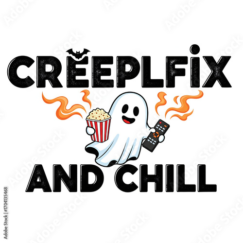 Funny ghostly figure enjoying a scary movie marathon with popcorn, a cute and spooky illustration for horror fans and chilling at home halloween t-shirt design