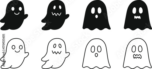 Halloween Ghost, A set of hand-drawn cards with a cute ghost. Halloween concept. Cute cartoon creepy characters.