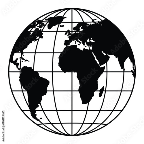 "Black and White Globe Icon with World Map – Global and International Symbol"