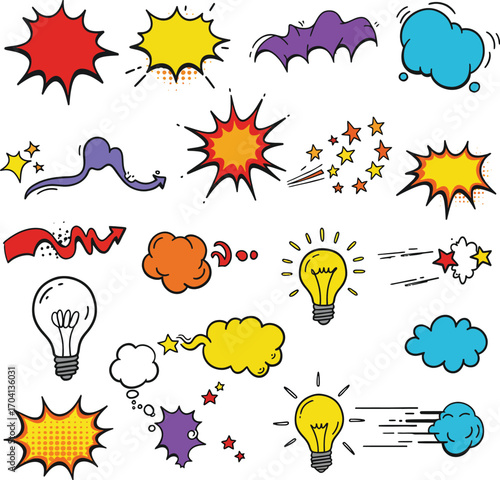 "Colorful Comic Speech Bubbles, Light Bulbs, and Explosion Icons for Creative Design"