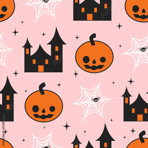  cute hand drawn cartoon character halloween seamless vector pattern illustration with orange pumpkins, white spiderweb , black haunting house and black stars on pink background