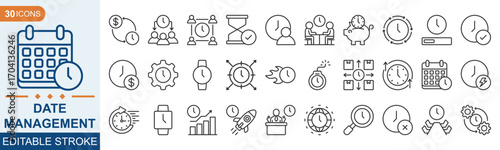Date Management icon set. Schedule, calendar, planning, time, hourglass, stopwatch, alarm, clock and more. Editable line icons. Vector illustration eps 10