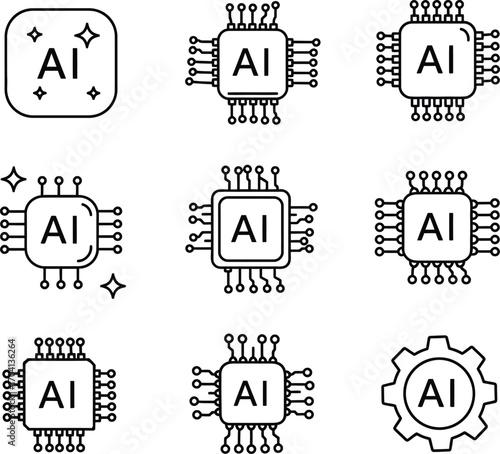 "AI Chip and Processor Icon Set – Technology and Artificial Intelligence Graphics"