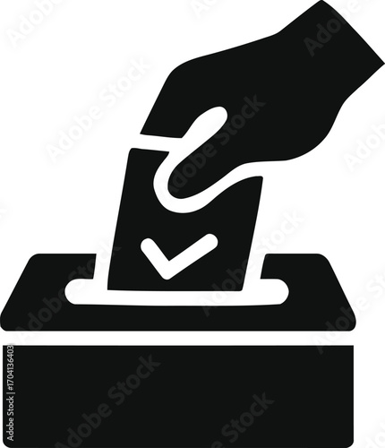 Hand placing a ballot with a check mark into a ballot box representing the act of voting in an election