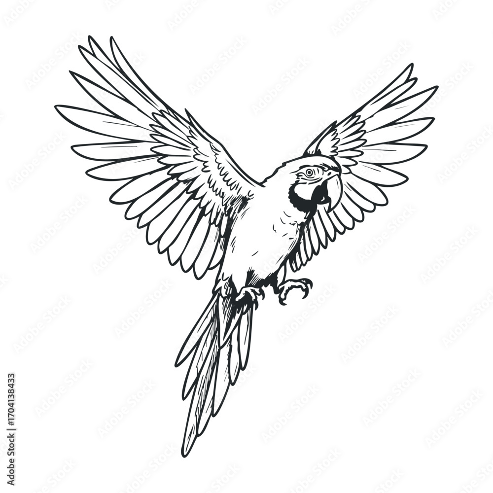 Fototapeta premium Soaring parrot illustration nature scene digital art vibrant environment close-up view wildlife concept. Vector illustration