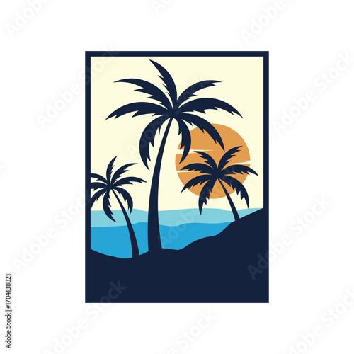 Tropical Sunset Beach with Palm Tree Silhouette Vector Illustration