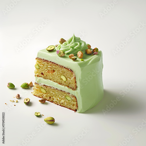 A slice of pistachio-flavored cake with green frosting and chopped nuts on top, displayed on a white surface.