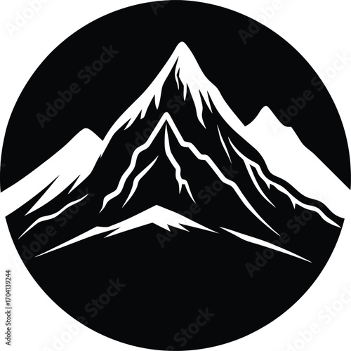 Mountain range silhouette with snowy peaks in a circular frame design on white background