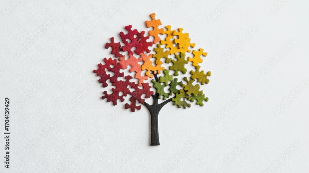 Fototapeta premium Puzzle pieces of many colors interlock to form a thriving tree on a white background