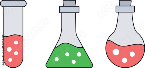 Test Tube, Chemistry beakers with Erlenmeyer flask and test tube holding chemicals flat vector icon for science apps and websites