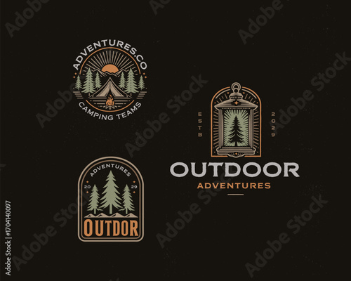 Mountain adventure vintage logos. Set of Vintage Outdoor mountains Summer Camp badges or Patches. vector emblem designs.