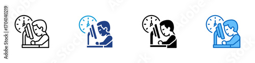 Overtime Multiple Style Icon Design Vector - Person working late with clock, symbolizing overtime, workload, and deadline pressure