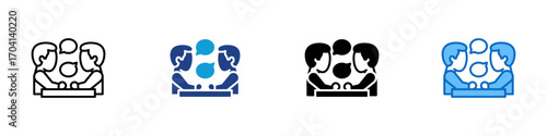 Meeting Multiple Style Icon Design Vector - Group of people around a table with speech bubbles, symbolizing teamwork, collaboration, or meeting
