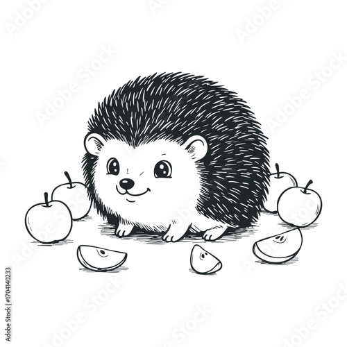 Cute hedgehog among apples forest floor illustration whimsical close-up nature's charm. Vector illustration
