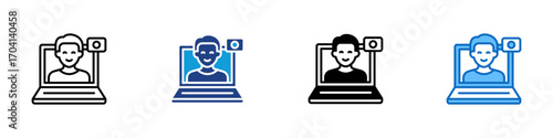 Webinar Multiple Style Icon Design Vector - Person on laptop screen with webcam, representing online meeting, webinar, or digital learning