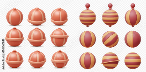 Collection of fifteen 3D rendered spherical objects with varying designs and colors, displayed on a transparent background.