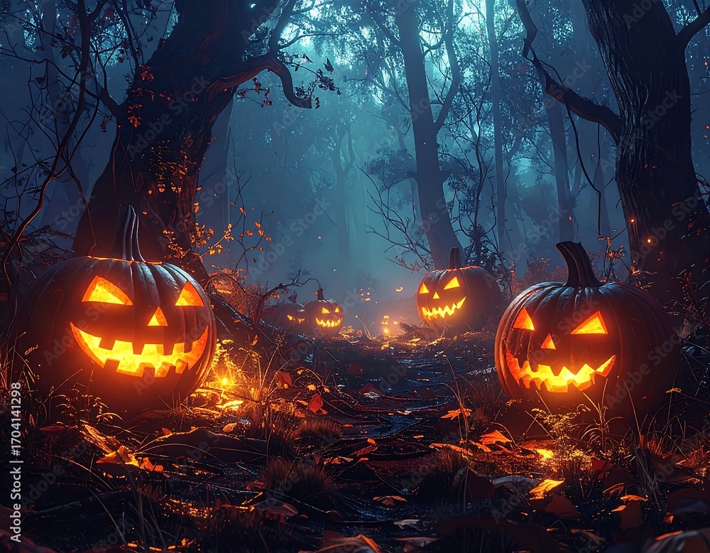 Naklejka premium Spooky forest path with pumpkins