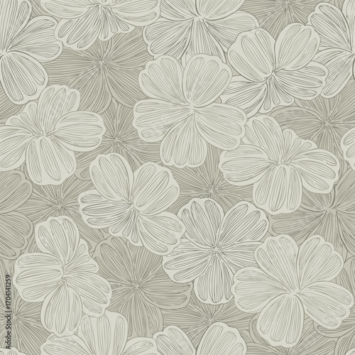 This abstract floral surface pattern is an elegant blend of soft pastels and gold accents. Vector illustration, it ideal for a variety of uses for fabric, wallpaper, stationery, or other interior