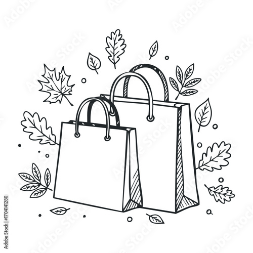 Shopping bags surrounded by autumn leaves minimalist style nature-inspired illustration warm environment top view. Vector illustration