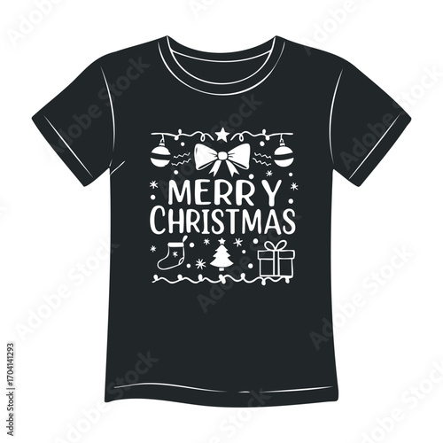 Christmas celebration t-shirt design festive apparel graphic content holiday atmosphere front view seasonal concept. Vector illustration