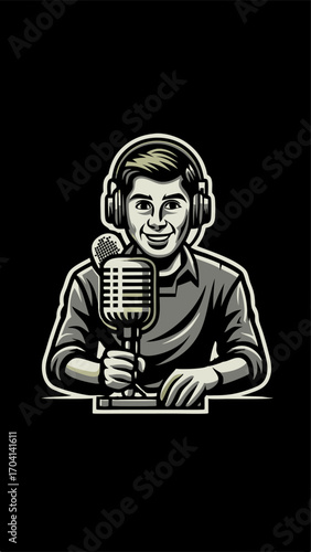 Hand drawn a person recording a podcast colorful image. Vintage style. Vector illustration.
