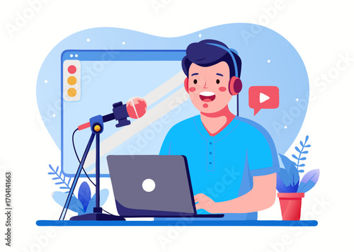 A person recording a podcast image. Cartoon style. Vector illustration.