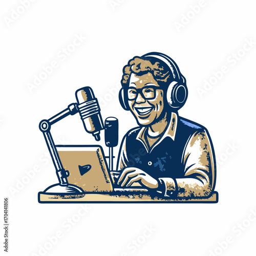 Hand drawn a person recording a podcast image. Flat image isolated on white background. Vector illustration.