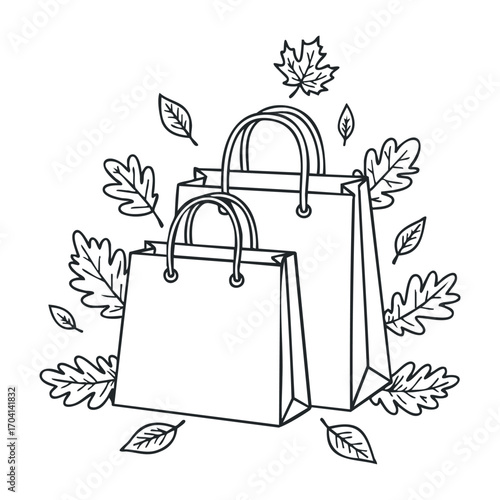 Shopping bags surrounded by autumn leaves seasonal theme illustrative artwork nature setting top view eco-friendly concept. Vector illustration