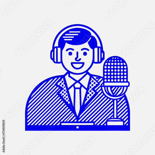 A person recording a podcast image. Simple flat vector illustration.