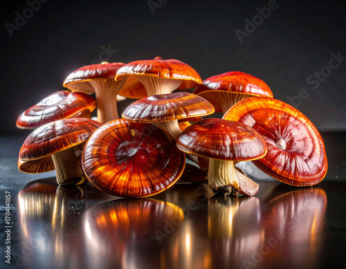 Group of Shiny Ganoderma Lucidum Mushrooms on Reflective Black Surface