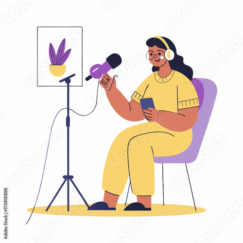 A person recording a podcast image. Flat image isolated on white background. Vector illustration.