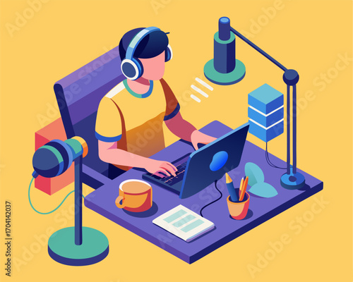 A person recording a podcast image. Isometric style. Vector illustration.
