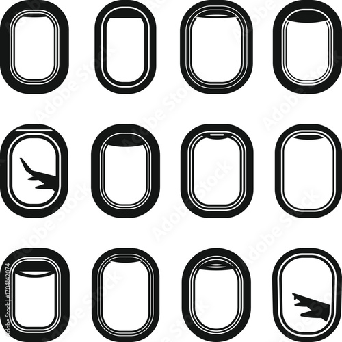Airplane Windows Icons Set, Airplane Window SVG Bundle, Aircraft window travel conception symbol illustration